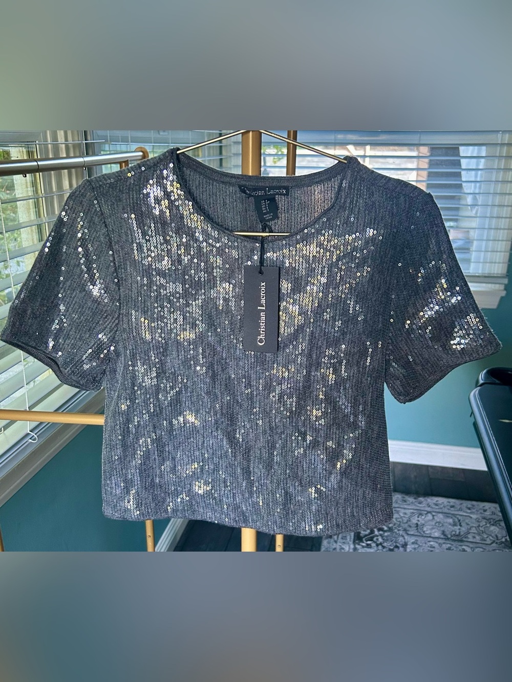Christian Lacroix Women's Sequin Short Sleeve Top - Charcoal NWT size S cropped
